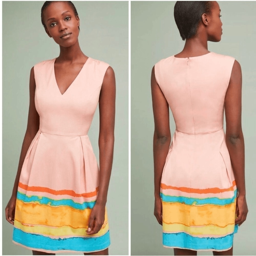 Anthropologie x Tracy Reese Size 4 Pink Multicolor Fit & Flare Dress Stripe Hem